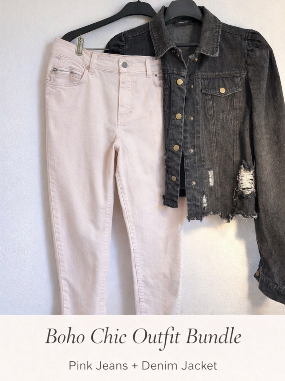 2-Piece Bundle Light Pink Jeans + Black Distressed Denim